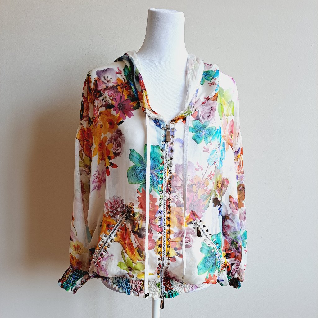 Vdp Italian 100% Silk Floral See Through Hooded Shirt Top Size 42/ M